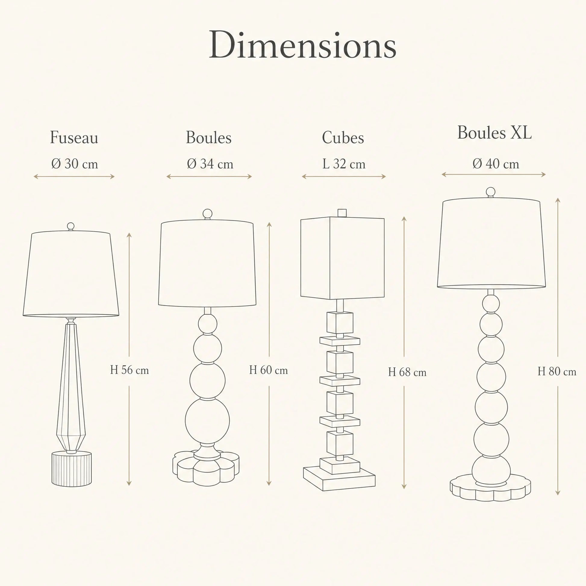 Dimensions des quatre silhouettes de la lampe Perlanya | Delvanie