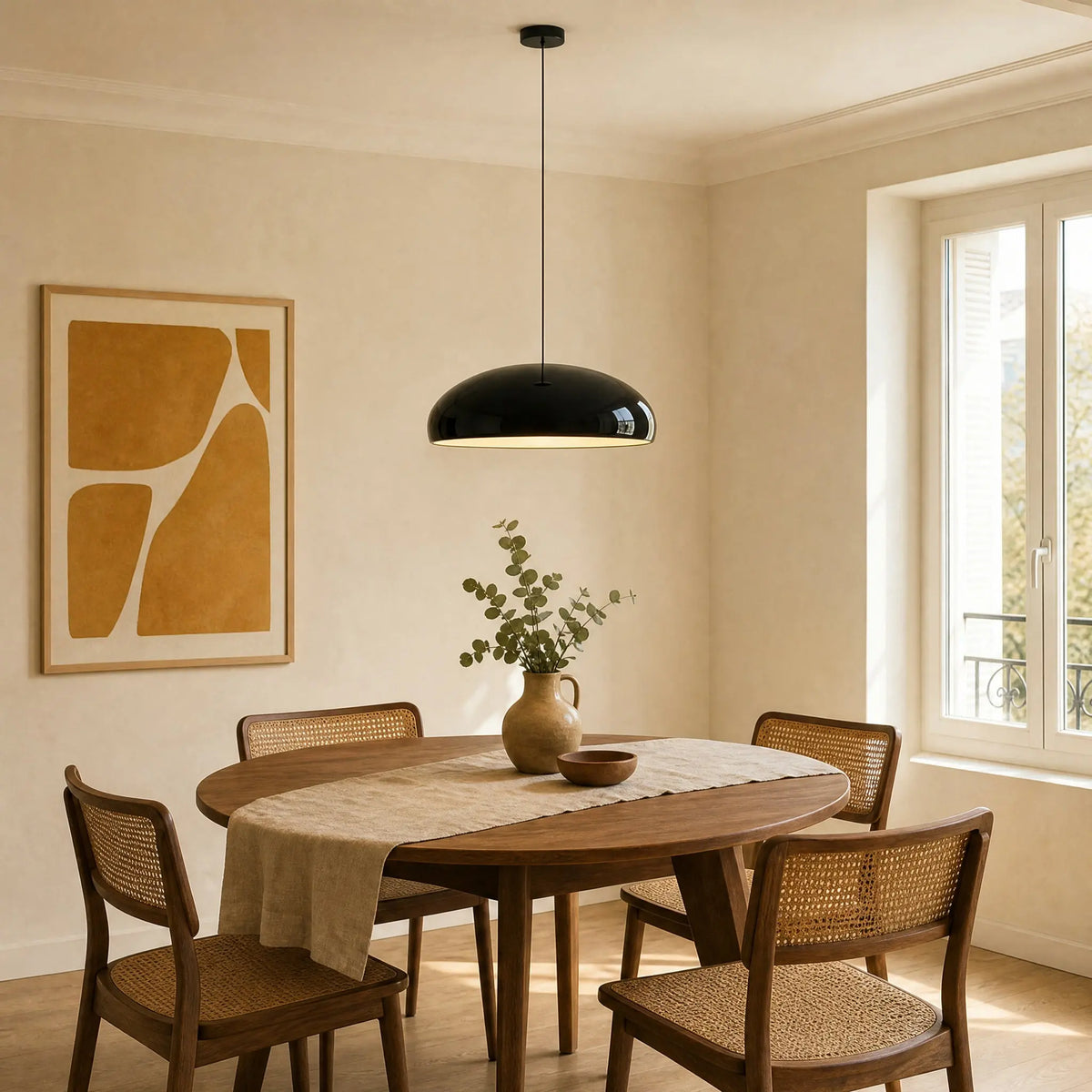 Suspension luminaire Velmora noire au-dessus d'une table ronde en bois et de chaises cannées