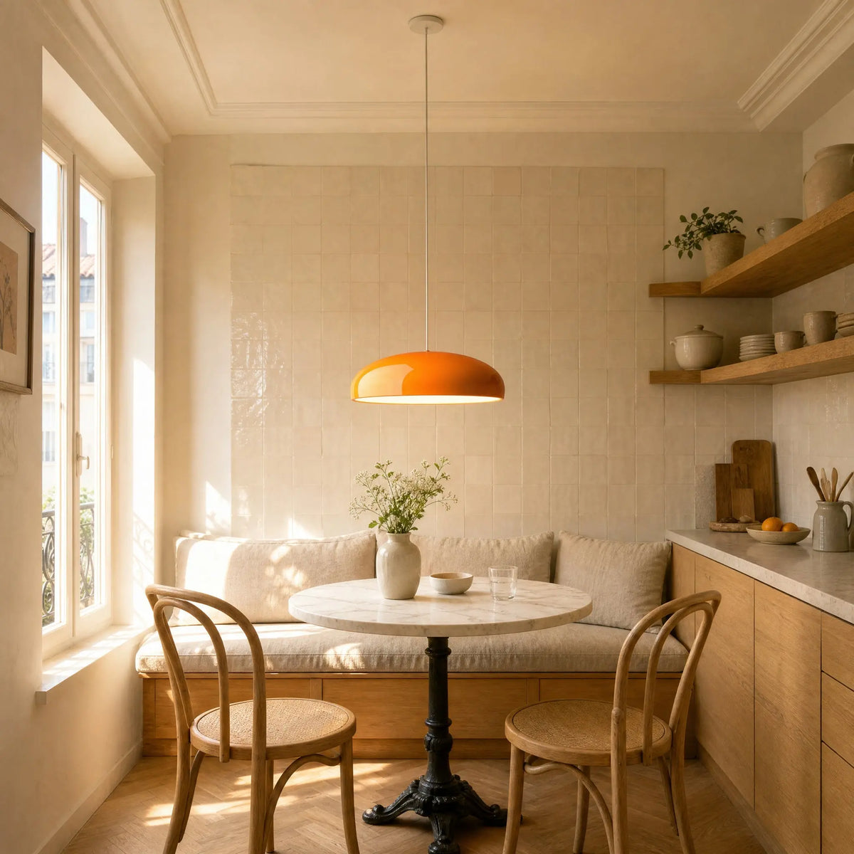 Suspension luminaire Velmora orange allumée au-dessus d'une table de coin repas avec banquette