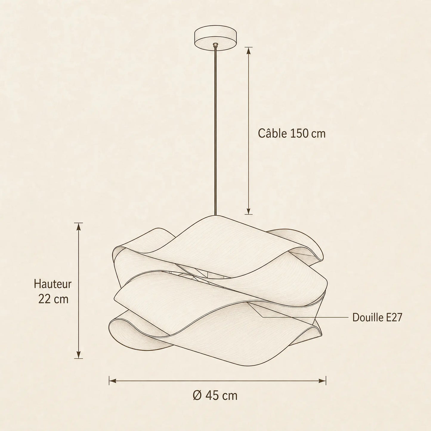 Schéma coté du lustre bois Kumoya : diamètre 45 cm, hauteur 22 cm, câble 150 cm, douille E27 | Delvanie