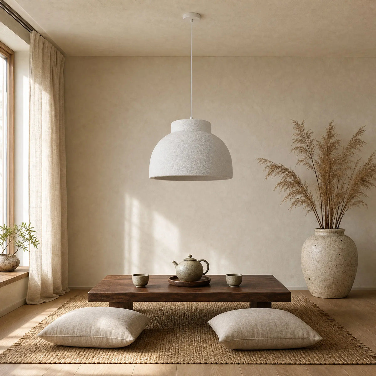 Suspension Nivoya au-dessus d'une table basse de coin thé japandi