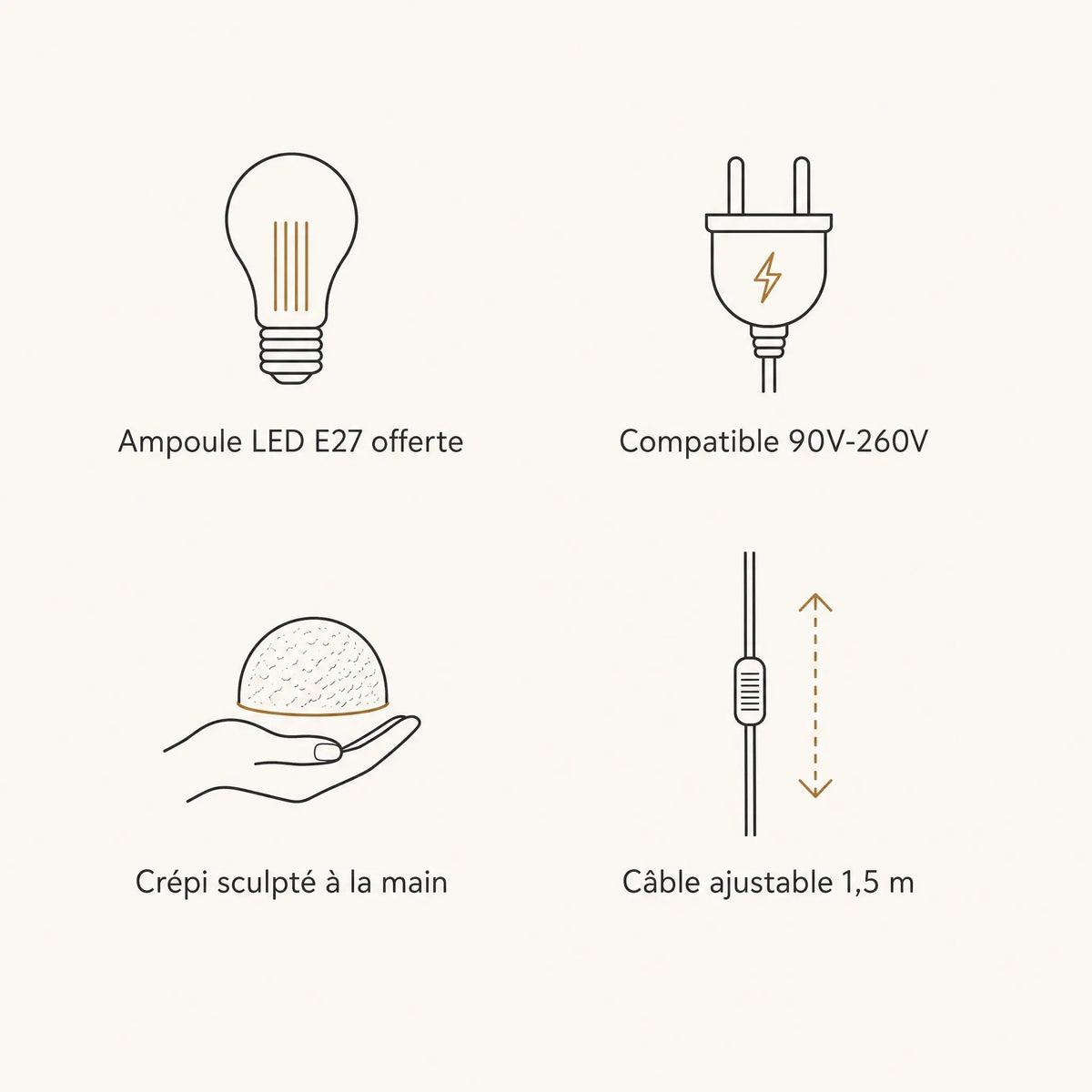 Caractéristiques du lustre Nivoya : ampoule LED E27 offerte, 90V-260V, crépi sculpté main, câble ajustable