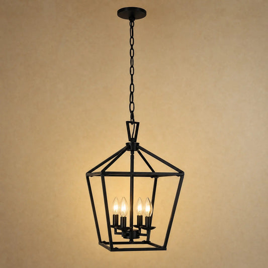 Lustre de couloir Serlino, lanterne cage en métal noir mat à quatre flammes | Delvanie