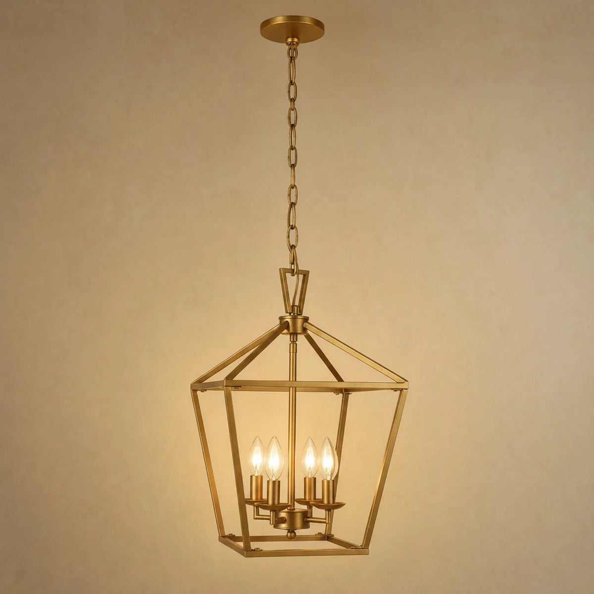 Lustre de couloir Serlino, lanterne cage en métal doré satiné à quatre flammes | Delvanie