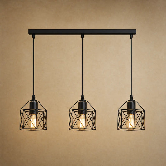 Lustre cuisine Feroya, trio de cages noires en fer, fond minéral beige | Delvanie
