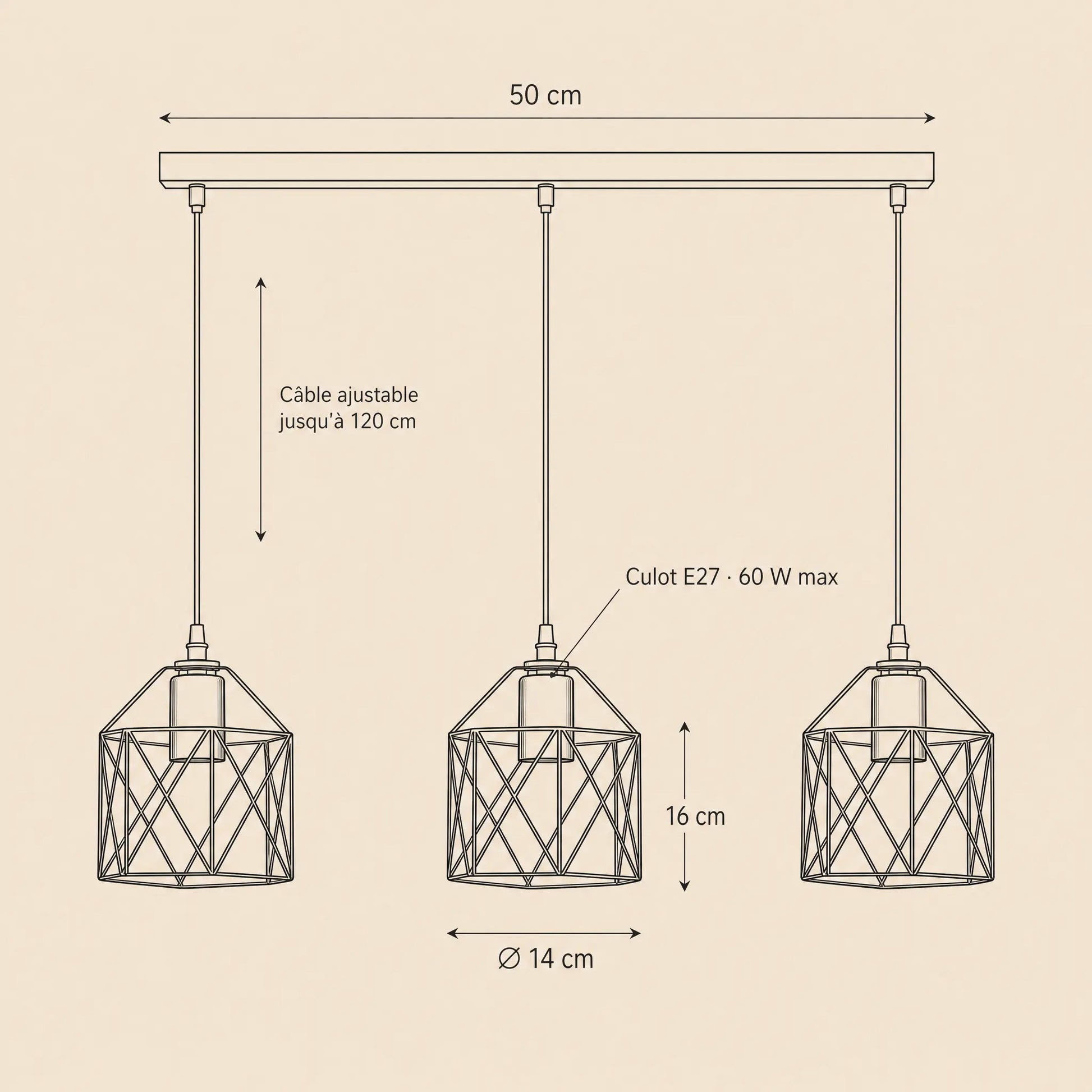 Schéma coté du lustre Feroya, barre 50 cm, cages Ø 14 cm, hauteur 16 cm, câble 120 cm | Delvanie