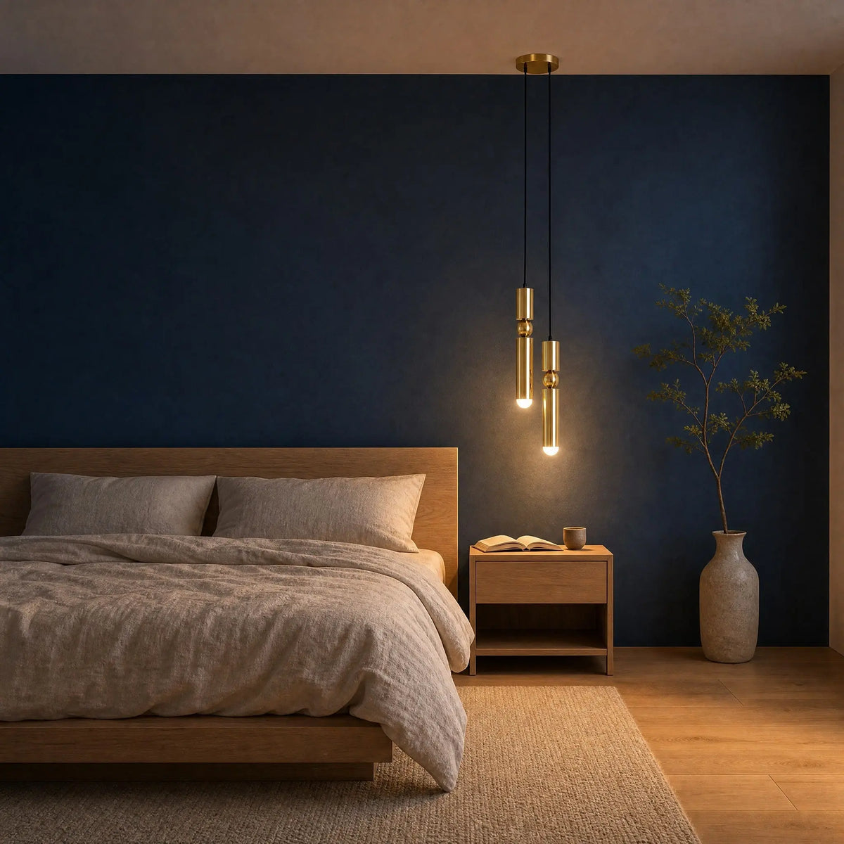 Lustre moderne Sumiro allumé au-dessus d'un chevet, chambre au mur bleu de Prusse