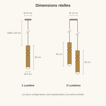 Schéma coté du lustre moderne Sumiro, corps 35 cm, diamètre 6 cm, câble 120 cm