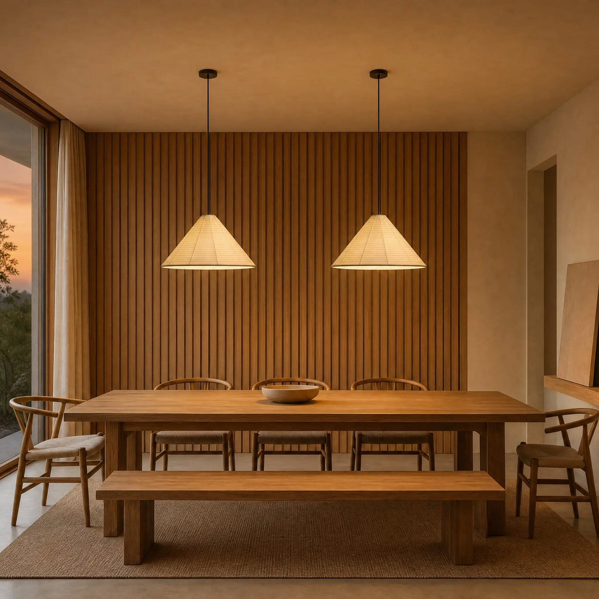 Duo de lustres papier de riz au-dessus d'une table, mur en bois clair