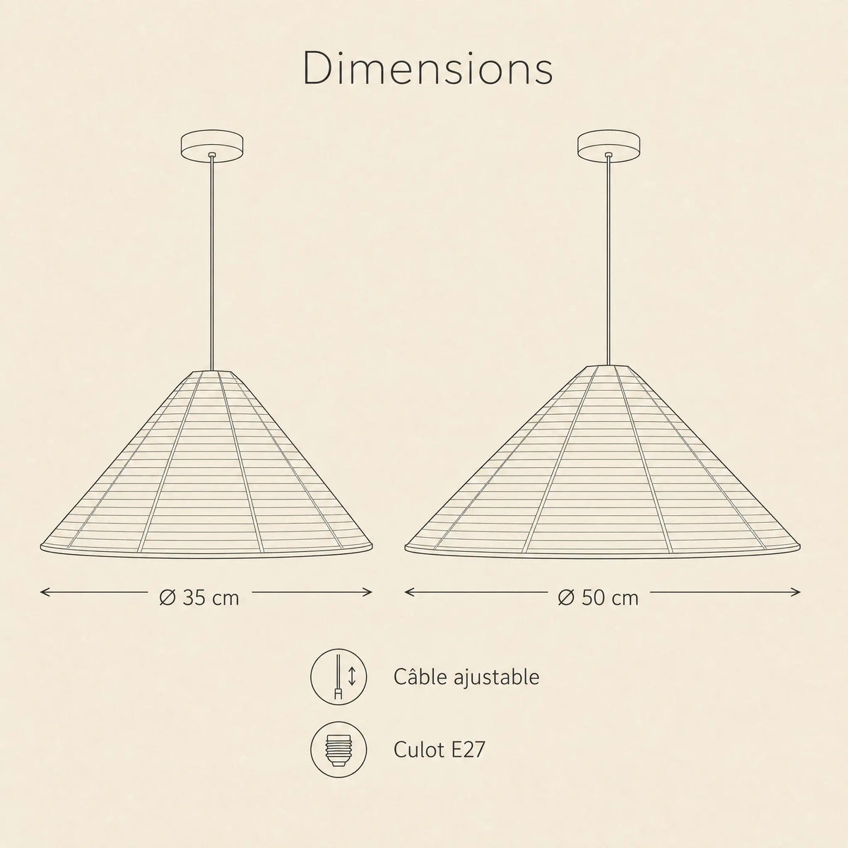 Dimensions du lustre papier de riz, O 35 et O 50 cm, culot E27