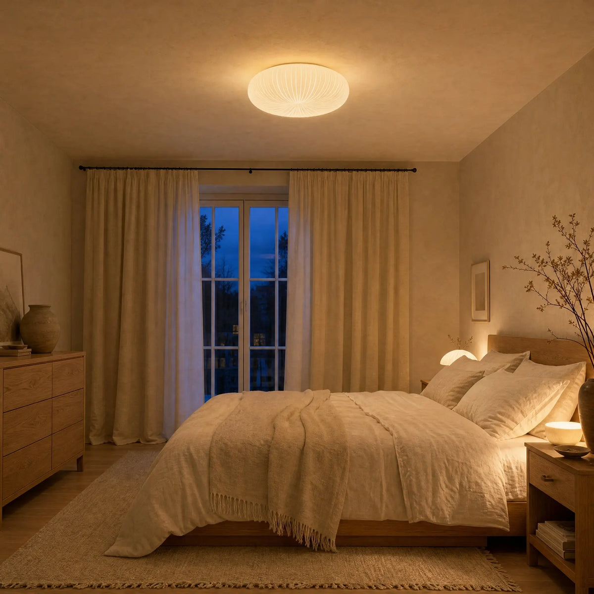 Plafonnier Celestra blanc allumé dans une chambre le soir, lumière chaude diffuse sur le plafond