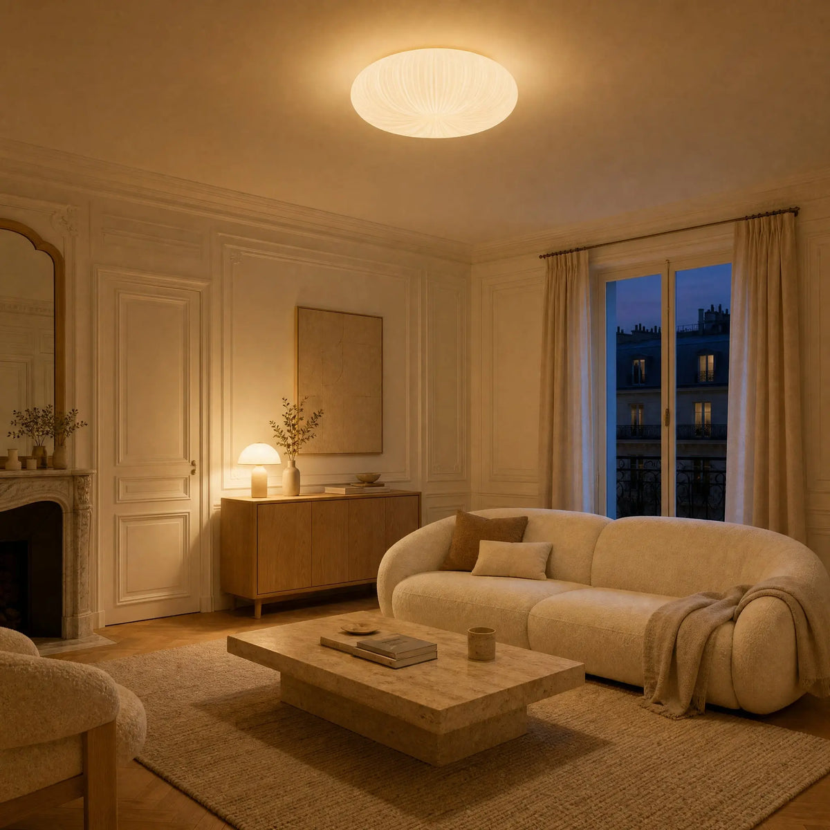 Plafonnier Celestra blanc allumé dans un salon haussmannien le soir, avec canapé bouclé et table basse en pierre