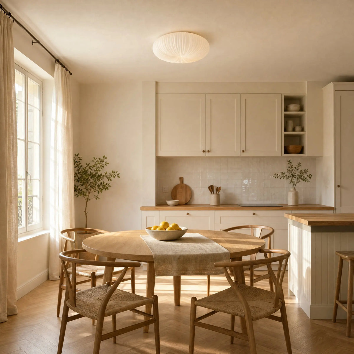 Plafonnier Celestra blanc au-dessus d'une table ronde en bois dans une cuisine ensoleillée