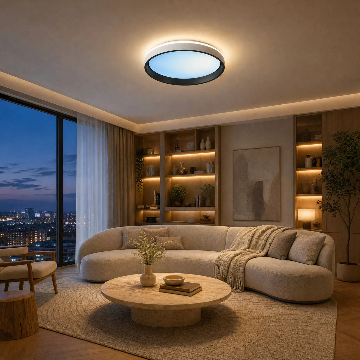 Plafonnier design Azuléa allumé en mode ciel bleu dans un salon contemporain