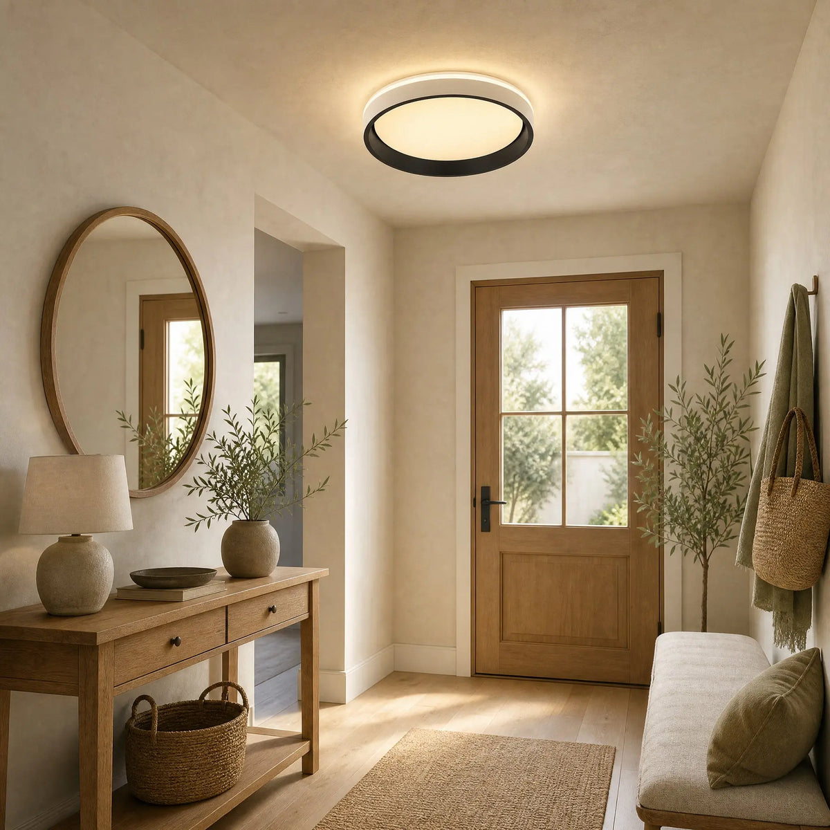Plafonnier design Azuléa en blanc chaud dans une entrée lumineuse