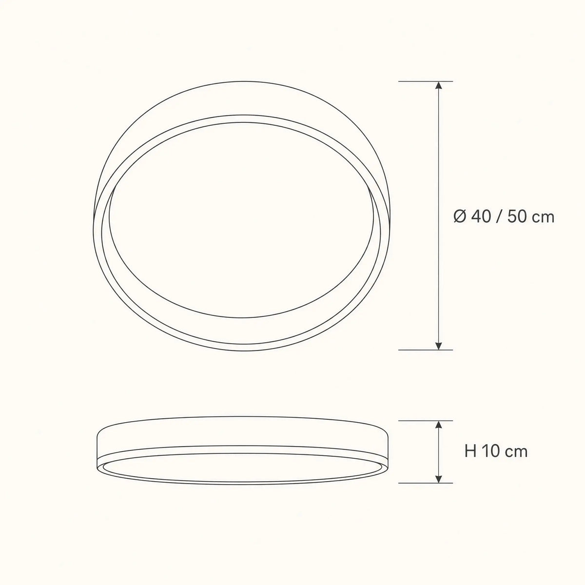 Schéma des dimensions du plafonnier Azuléa, Ø 40 et 50 cm, hauteur 10 cm