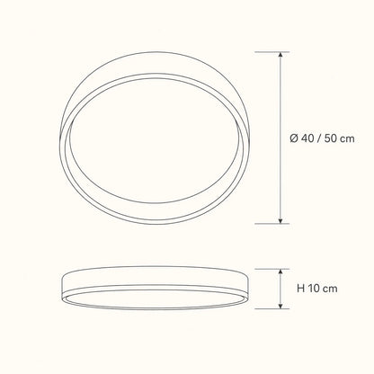 Schéma des dimensions du plafonnier Azuléa, Ø 40 et 50 cm, hauteur 10 cm