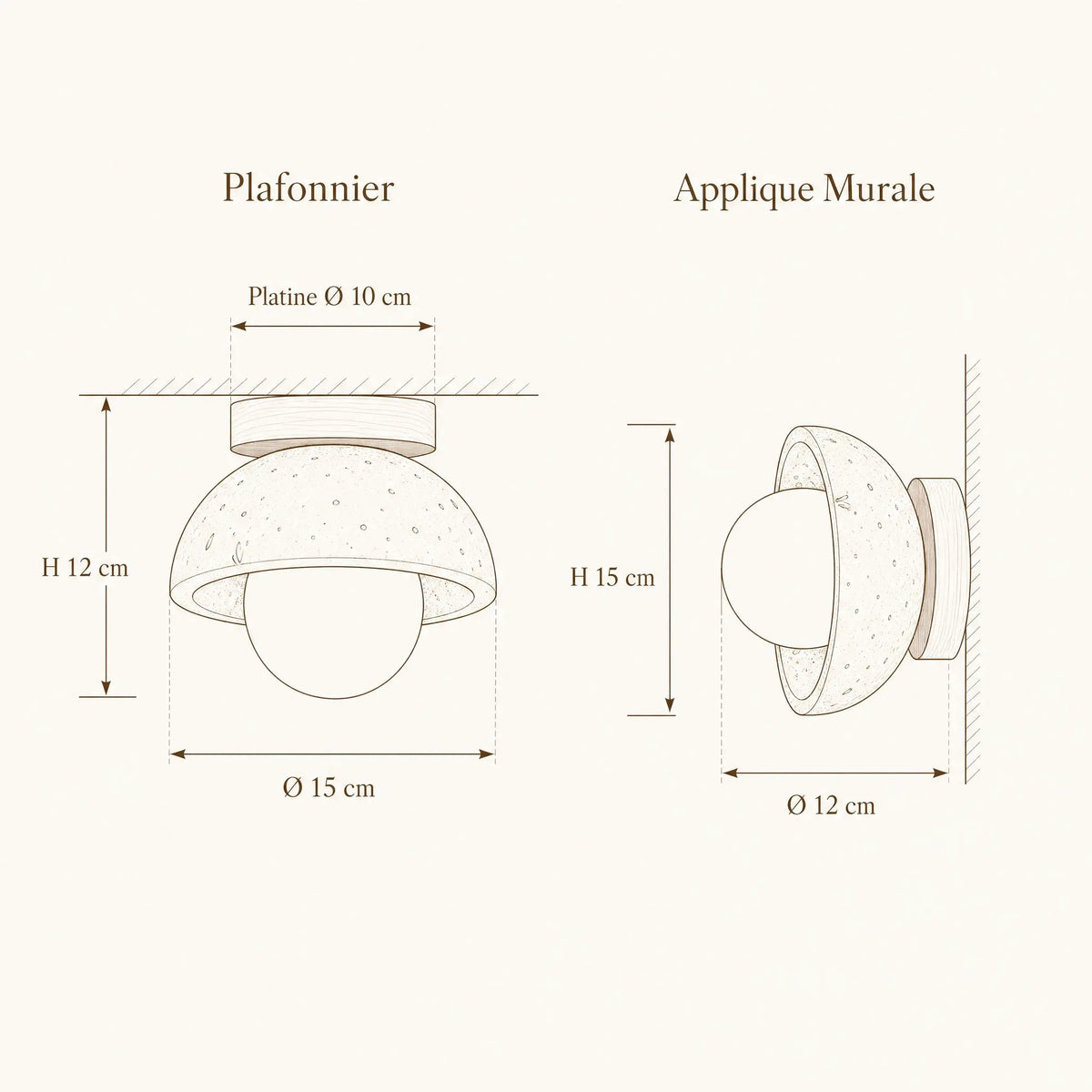 Schéma coté du luminaire Iwaléa : plafonnier Ø 15 cm H 12 cm, applique murale Ø 12 cm H 15 cm