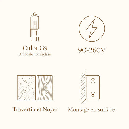 Caractéristiques du luminaire Iwaléa : culot G9, 90-260V, travertin et noyer, montage en surface