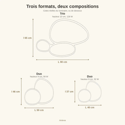 Schéma coté du plafonnier Anteva, trois formats de 40, 50 et 90 cm