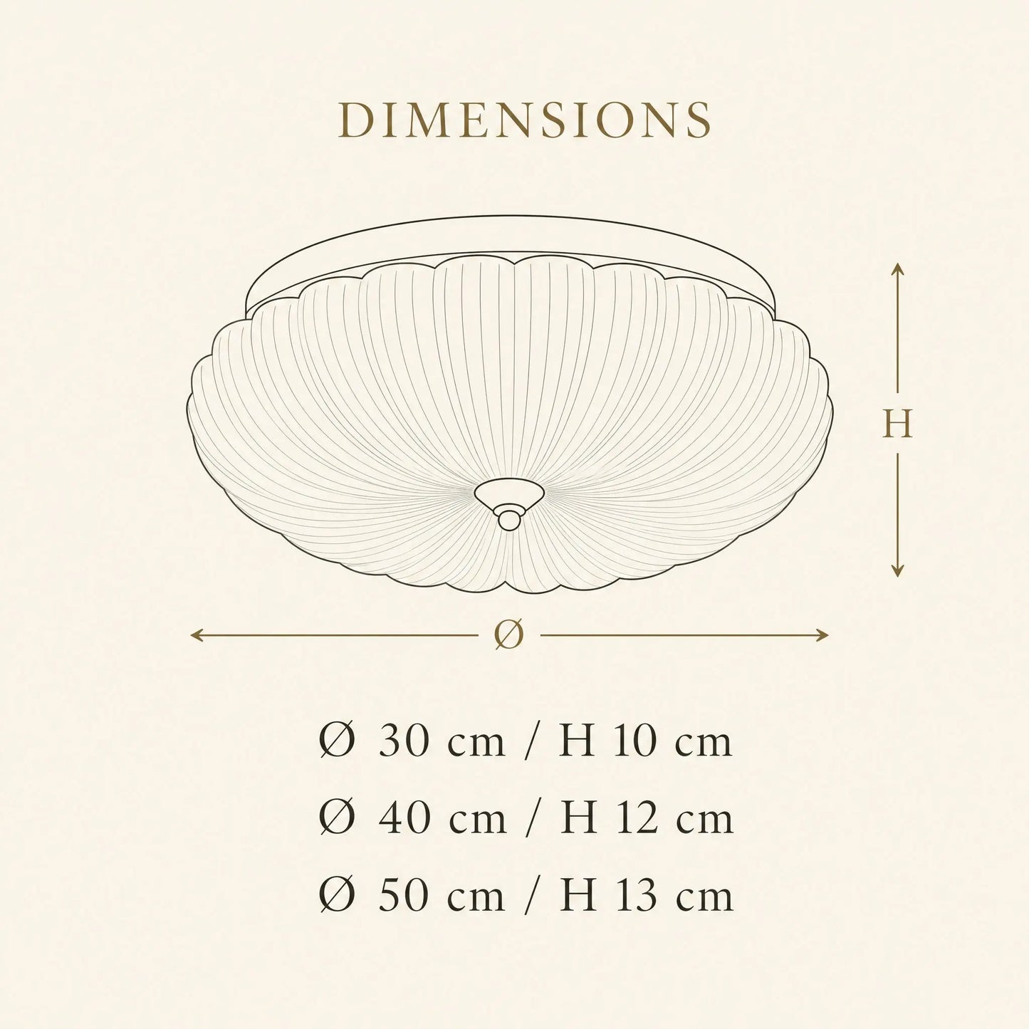 Schéma des dimensions du plafonnier Kryséa : Ø 30, 40 et 50 cm | Delvanie