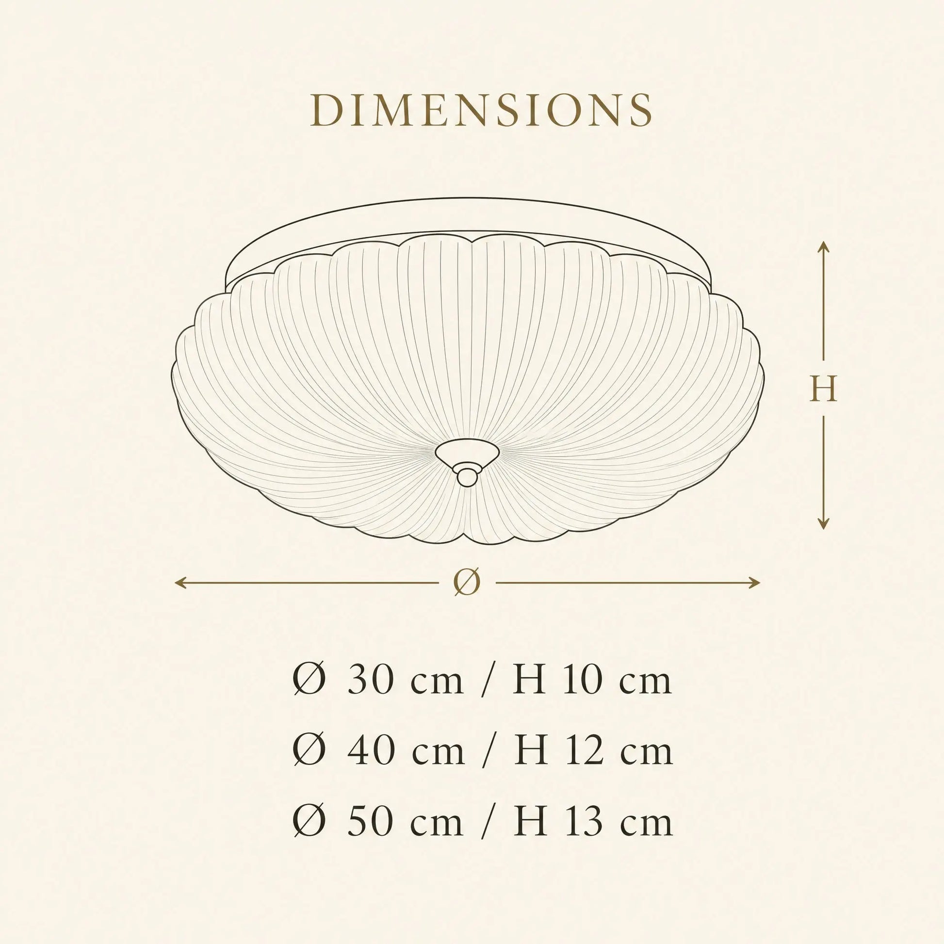 Schéma des dimensions du plafonnier Kryséa : Ø 30, 40 et 50 cm | Delvanie