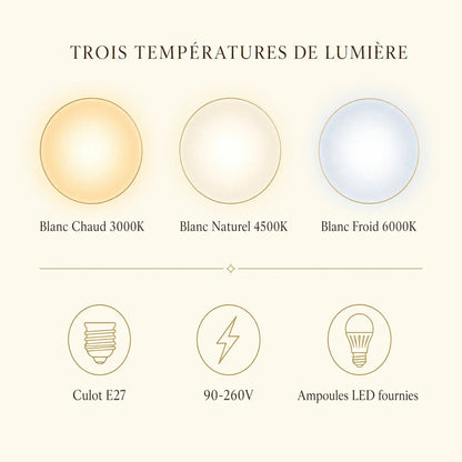 Trois températures de lumière du plafonnier Kryséa : blanc chaud, naturel, froid | Delvanie