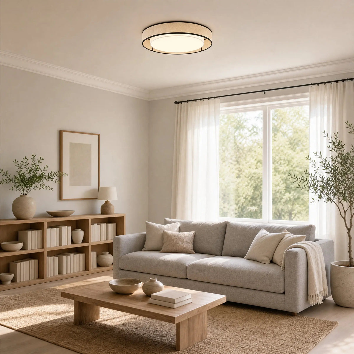 Plafonnier tissu Doucéa dans un salon lumineux et naturel