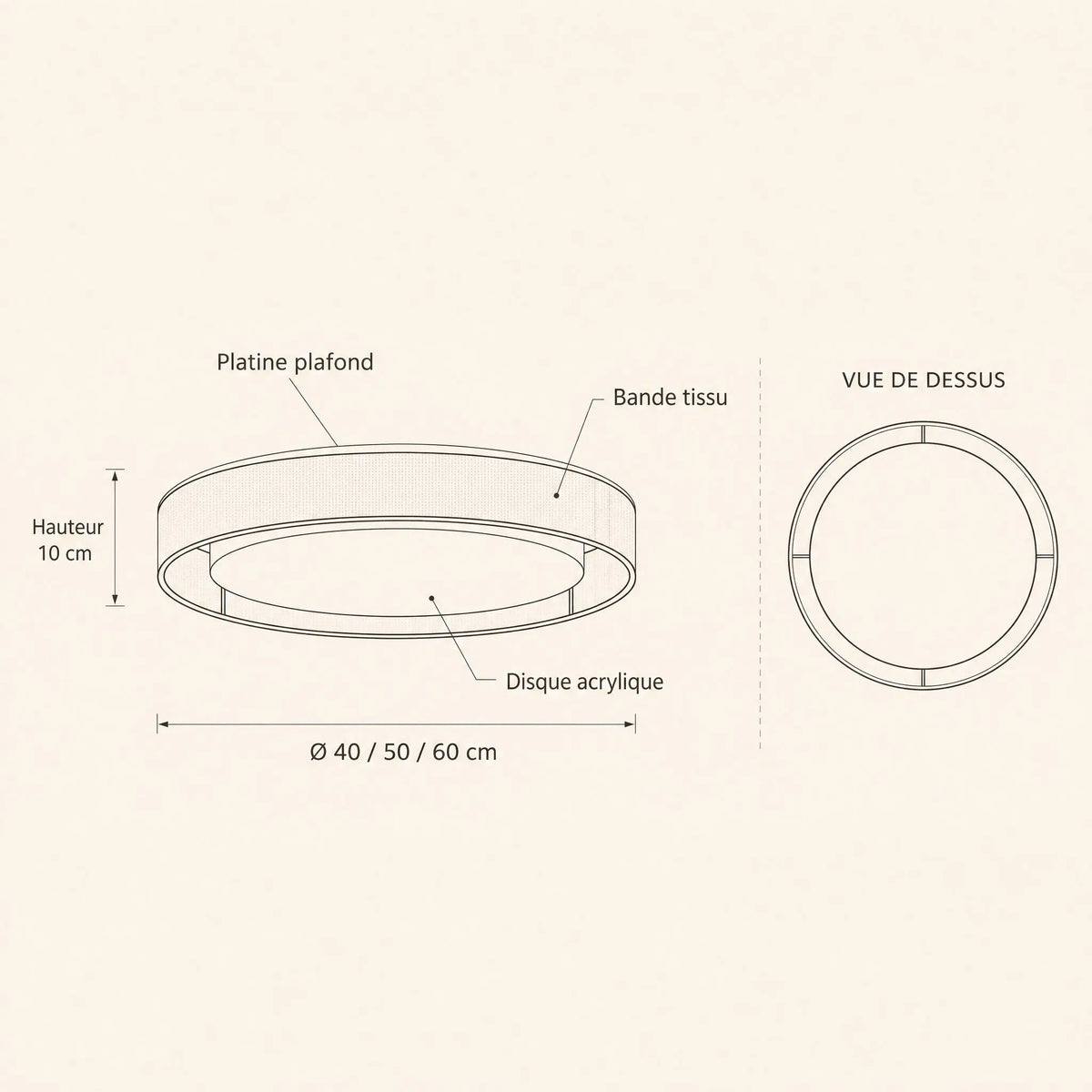 Schéma coté du plafonnier tissu Doucéa, Ø 40 50 60 cm, hauteur 10 cm