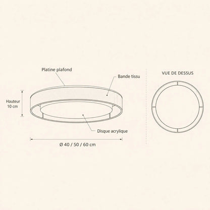 Schéma coté du plafonnier tissu Doucéa, Ø 40 50 60 cm, hauteur 10 cm