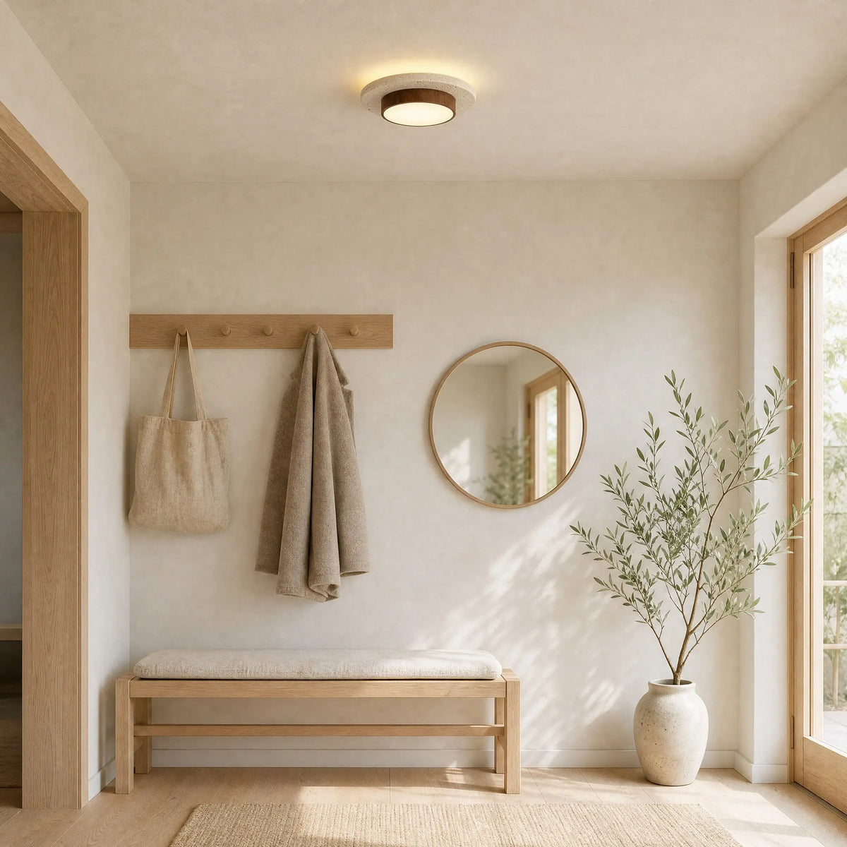 Plafonnier travertin dans une entrée scandinave lumineuse | Delvanie