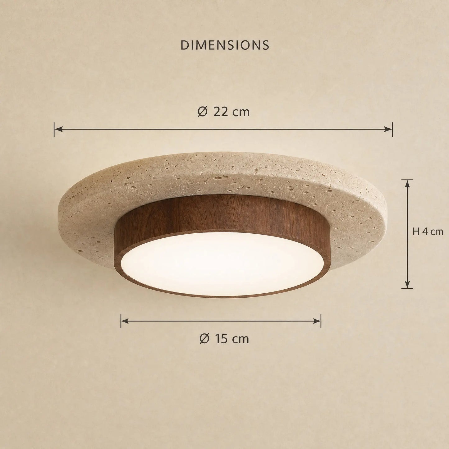 Schéma coté du plafonnier travertin, diamètre 22 cm et hauteur 4 cm | Delvanie