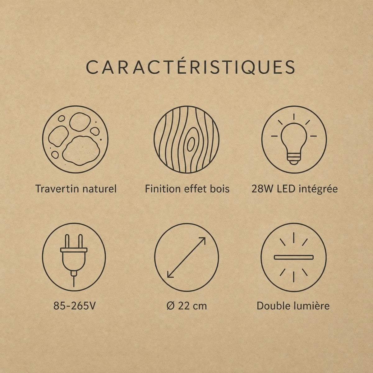Caractéristiques du plafonnier travertin Térréa, travertin naturel et LED intégrée | Delvanie