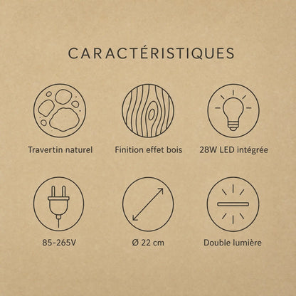Caractéristiques du plafonnier travertin Térréa, travertin naturel et LED intégrée | Delvanie