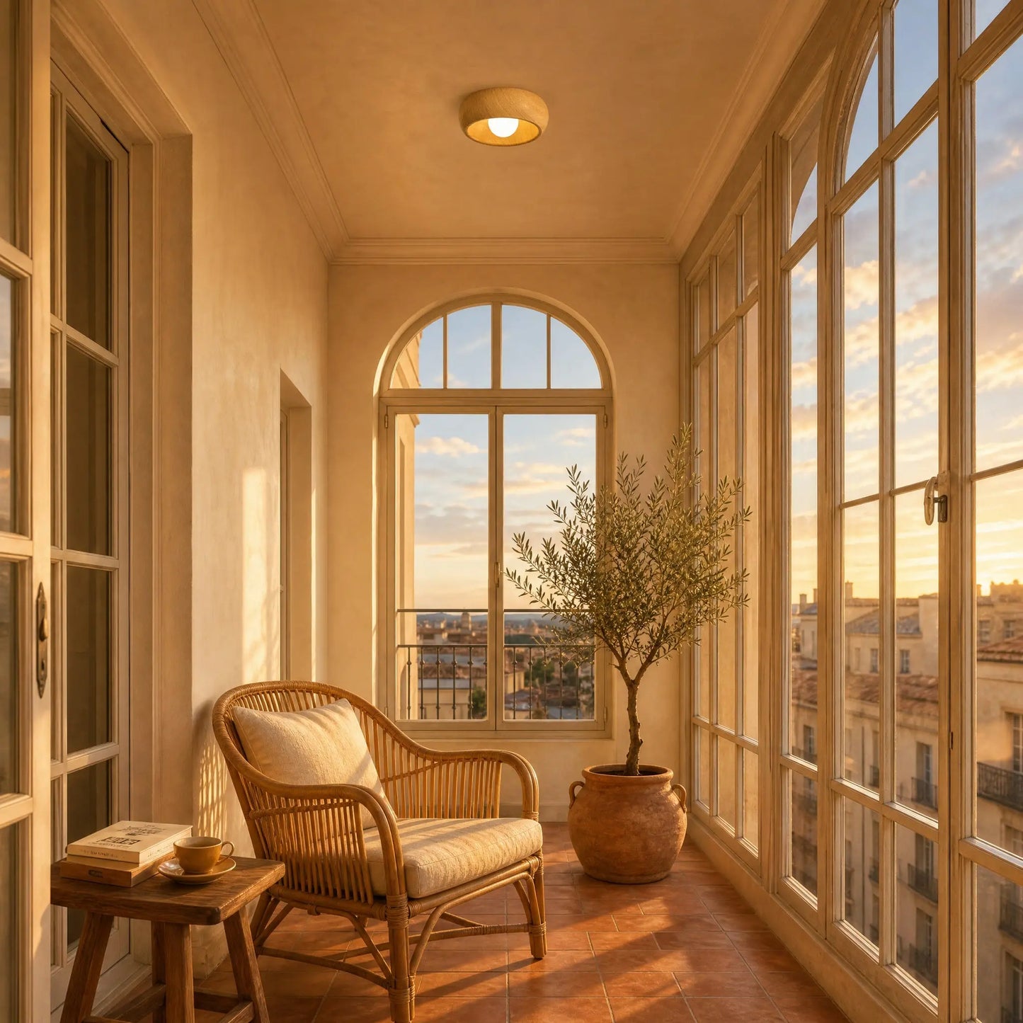 Plafonnier vintage Nocelya Chêne Clair allumé dans une loggia à l'heure dorée | Delvanie