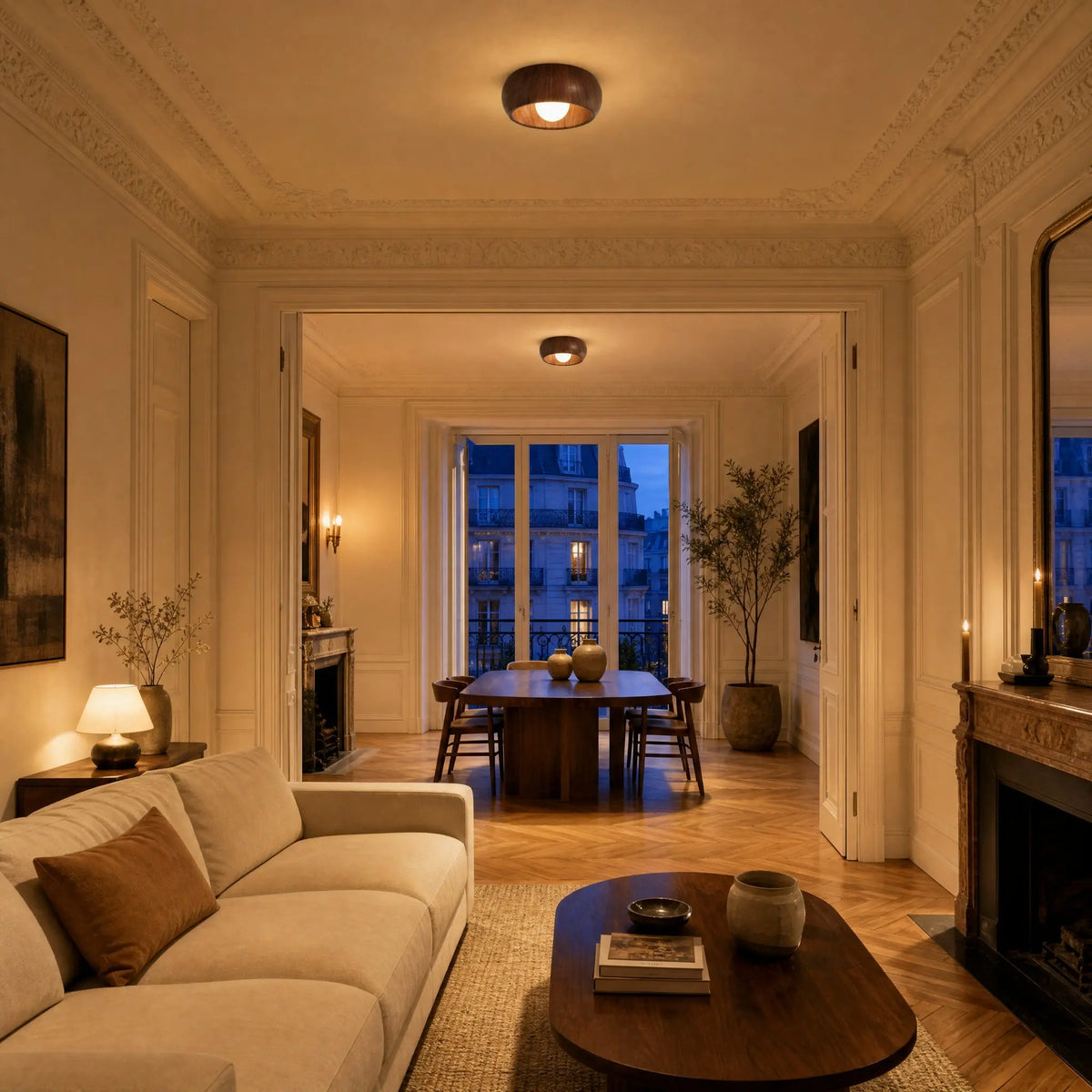 Deux plafonniers vintage Nocelya Noyer alignés dans un double séjour haussmannien | Delvanie