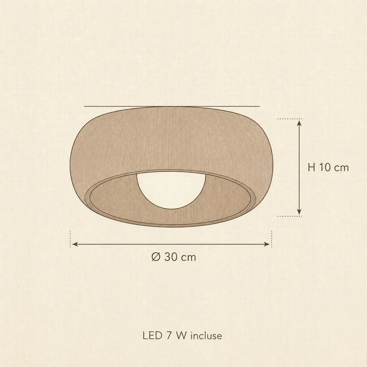 Schéma coté du plafonnier vintage Nocelya, Ø 30 cm, H 10 cm, LED 7 W incluse | Delvanie