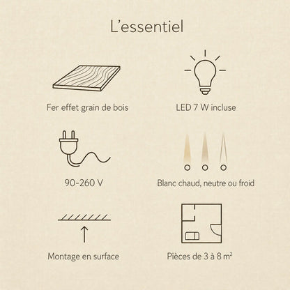 Caractéristiques du plafonnier vintage Nocelya : fer effet grain de bois, LED 7 W, 90-260 V | Delvanie
