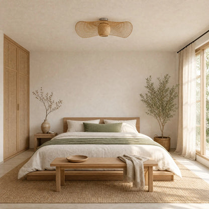 Plafonnier bambou Takenya au plafond d'une chambre japandi lumineuse | Delvanie