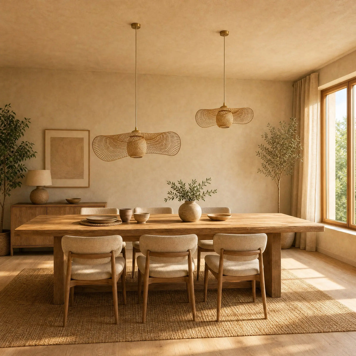 Duo de suspensions bambou Takenya Ø 55 et Ø 35 cm au-dessus d'une grande table | Delvanie
