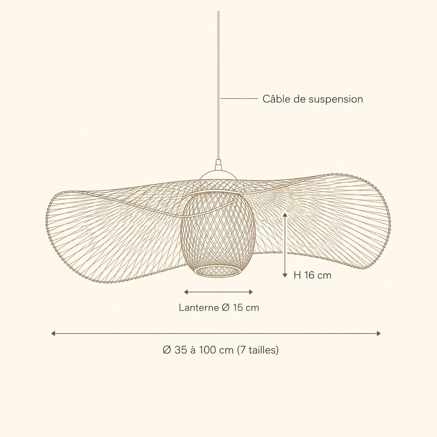 Schéma coté de la suspension bambou Takenya, Ø 35 à 100 cm, lanterne Ø 15 cm | Delvanie