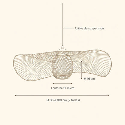 Schéma coté de la suspension bambou Takenya, Ø 35 à 100 cm, lanterne Ø 15 cm | Delvanie