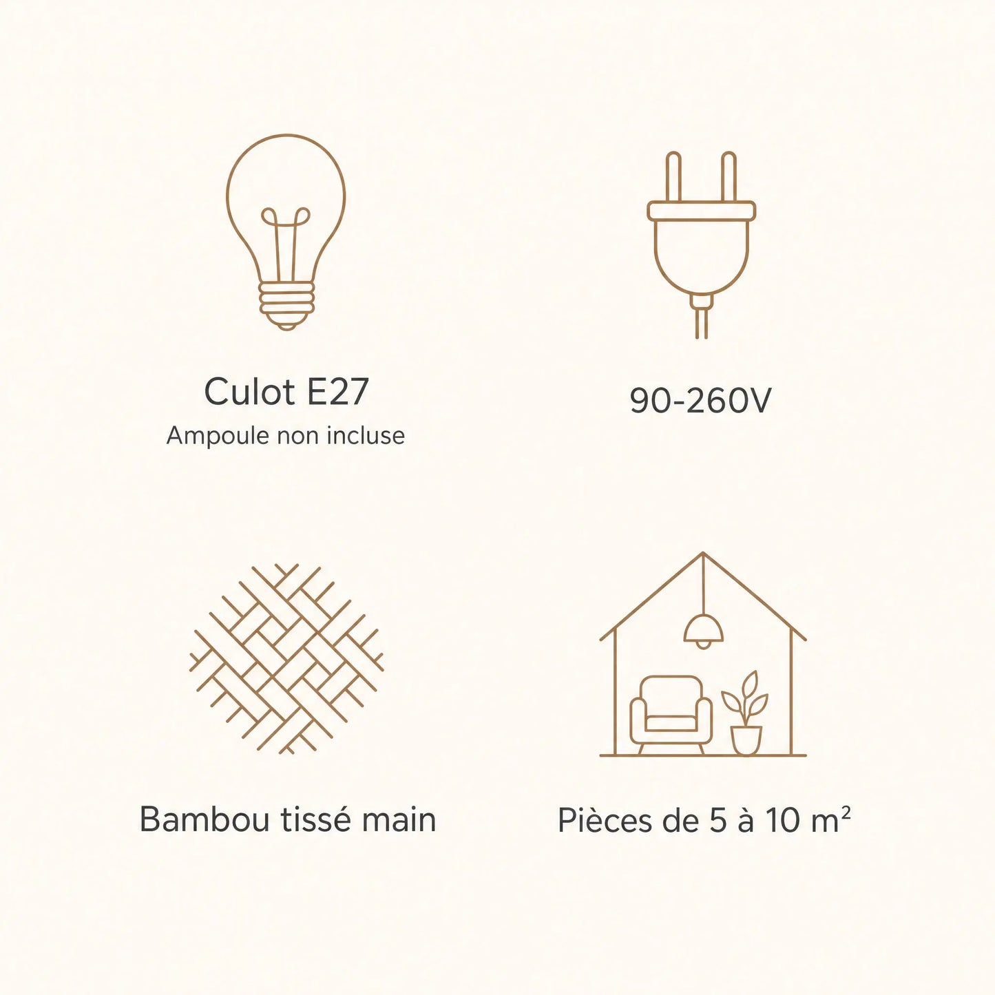Caractéristiques de la suspension bambou Takenya, culot E27, 90-260V, bambou tissé main | Delvanie
