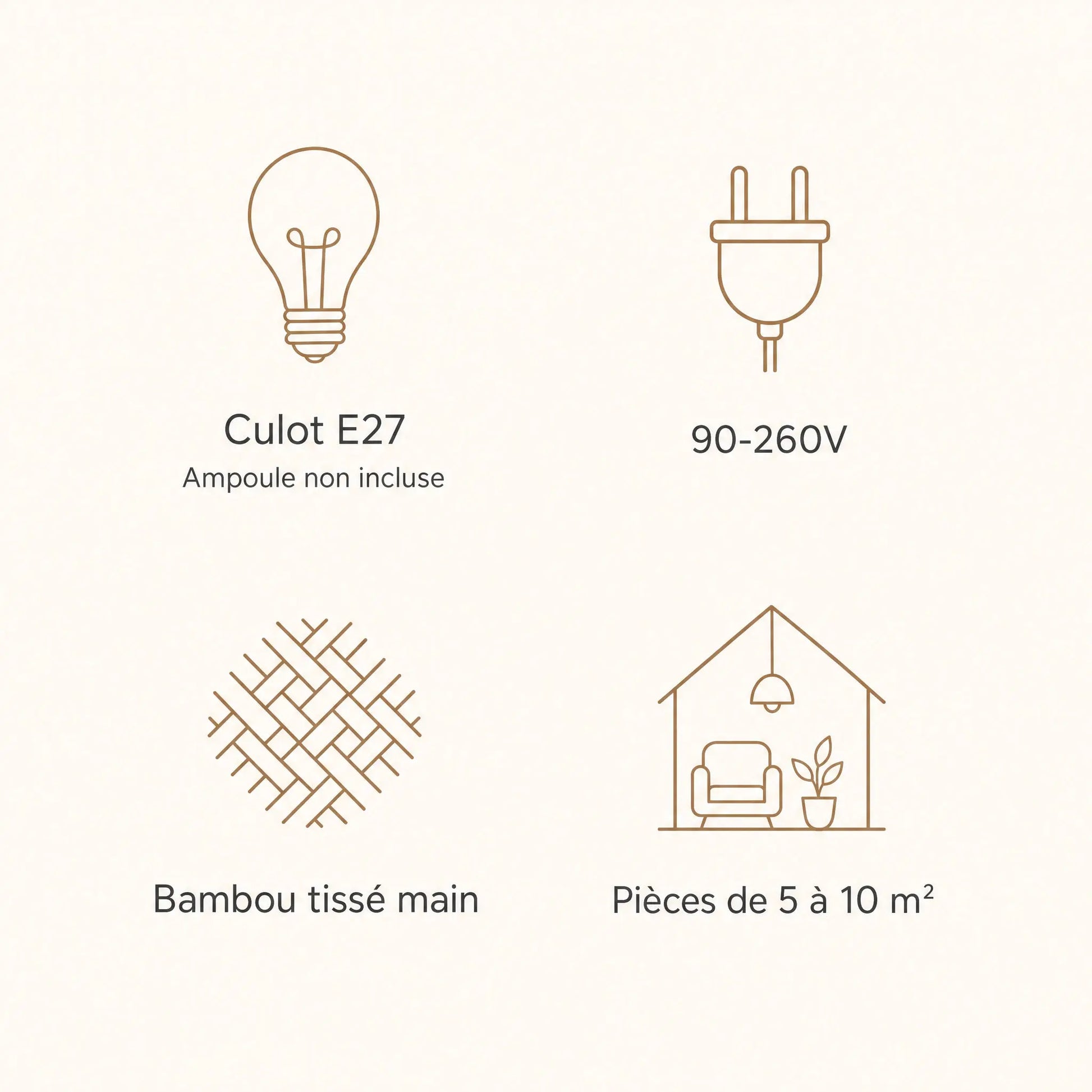 Caractéristiques de la suspension bambou Takenya, culot E27, 90-260V, bambou tissé main | Delvanie