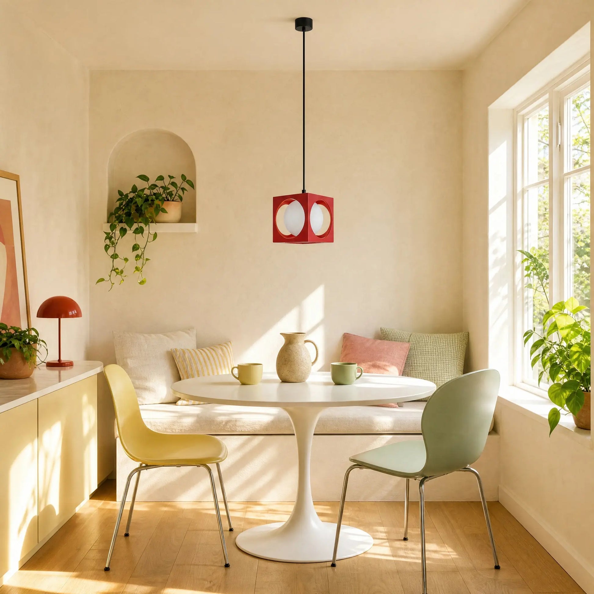 Suspension colorée Asobya rouge au-dessus d'une table ronde dans un coin repas ensoleillé | Delvanie
