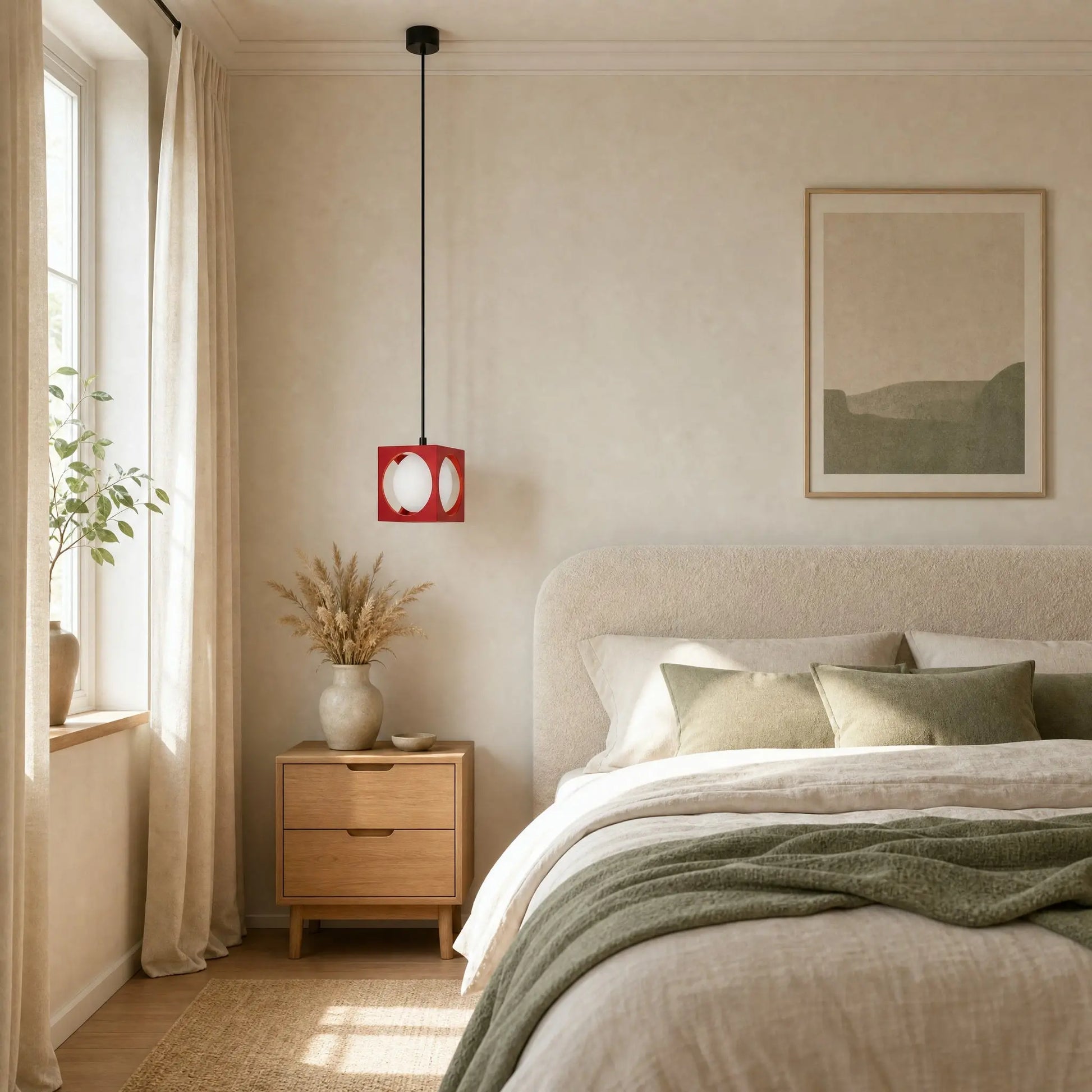 Suspension colorée Asobya rouge en touche d'accent dans une chambre aux tons écru et sauge | Delvanie
