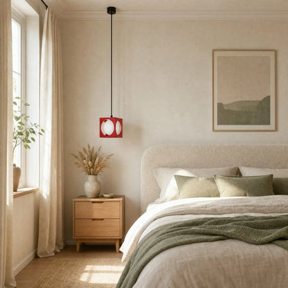 Suspension colorée Asobya rouge en touche d'accent dans une chambre aux tons écru et sauge | Delvanie