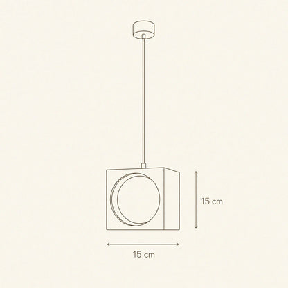 Schéma coté de la suspension colorée Asobya, cube de 15 cm | Delvanie
