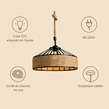 Caractéristiques de la suspension corde Chanvéa : culot E27, 90-260V, chanvre et fer noir | Delvanie