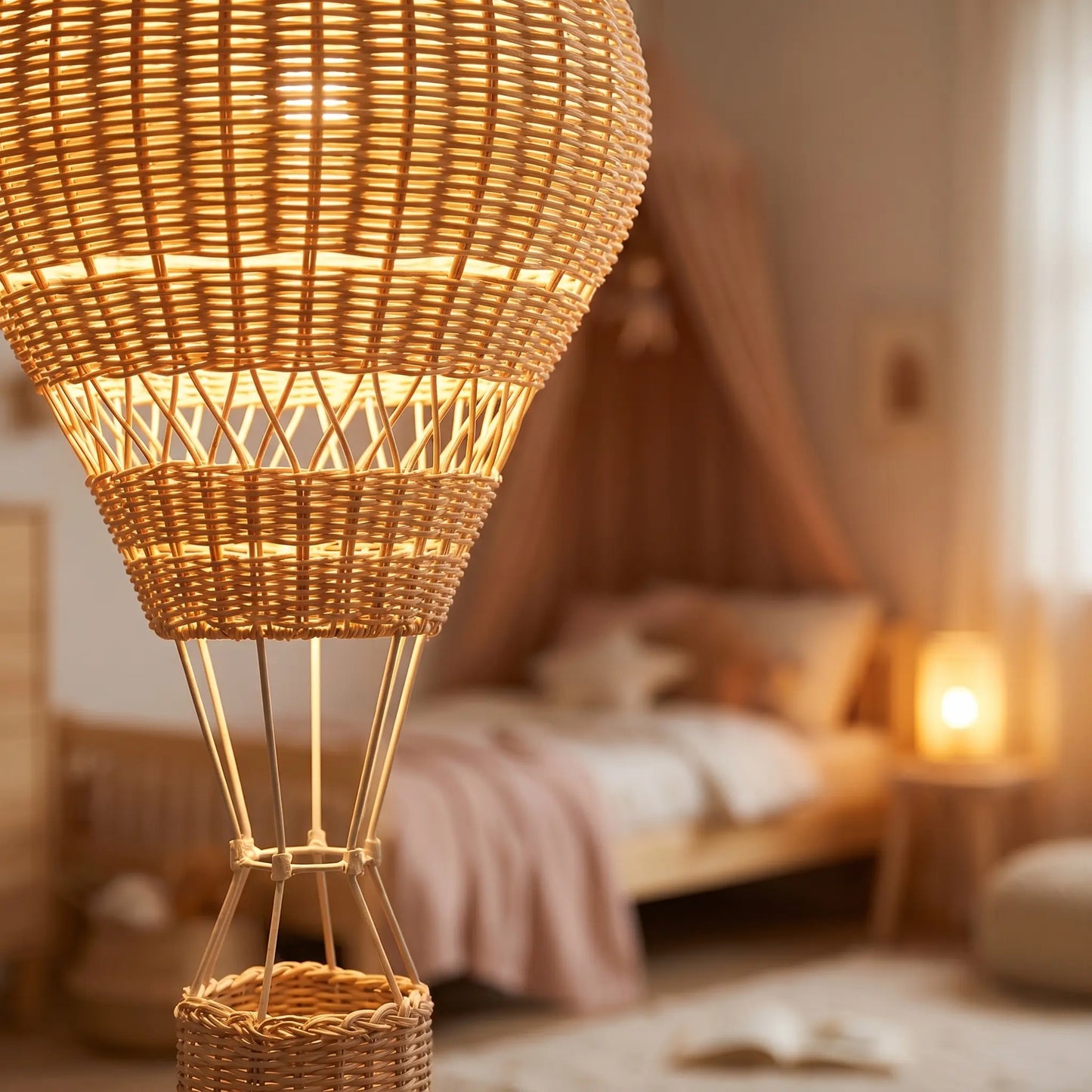 Détail du tissage en rotin de la suspension montgolfière Ballora